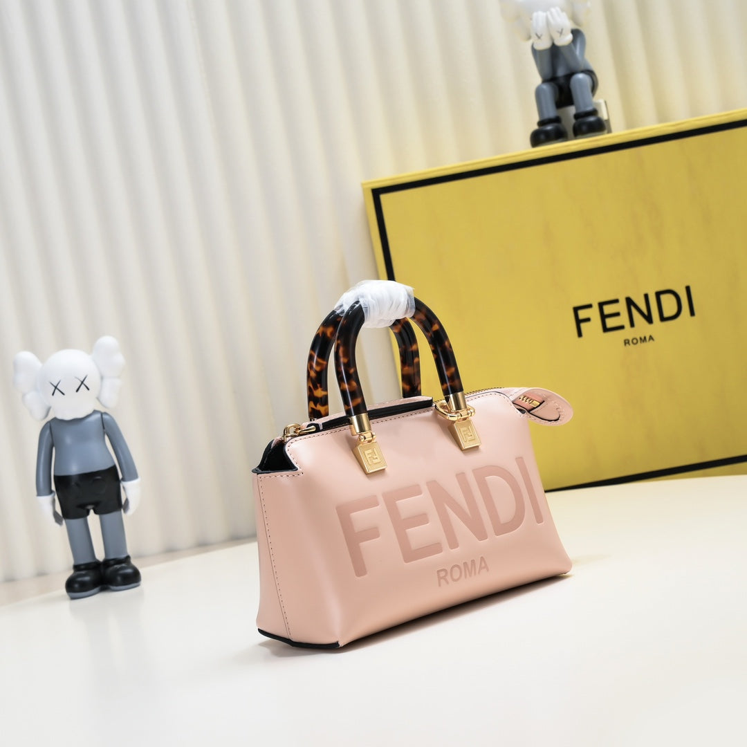 Fendi By The Way Mini Pink Leather Boston Bag with Embossed Logo and Tortoiseshell Handles