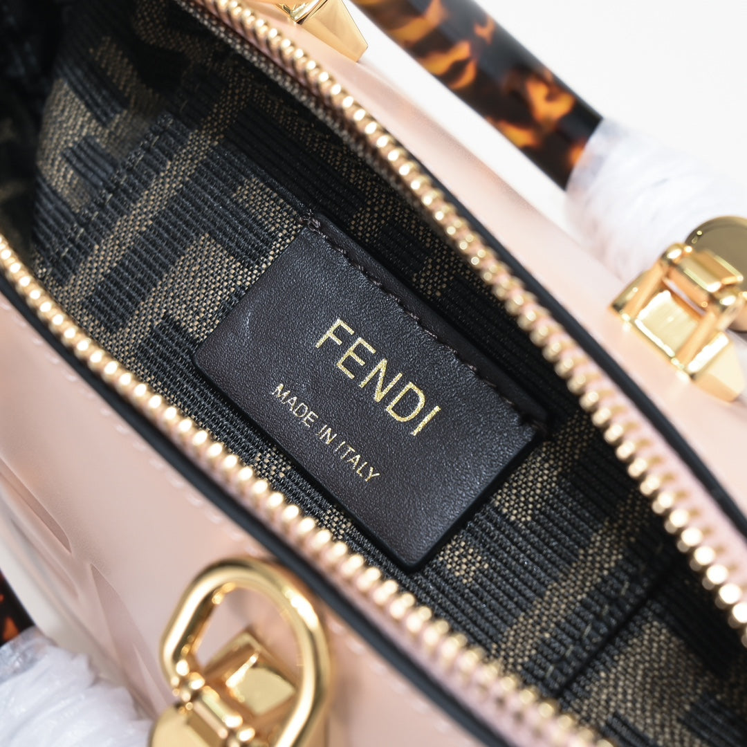 Fendi By The Way Mini Pink Leather Boston Bag with Embossed Logo and Tortoiseshell Handles