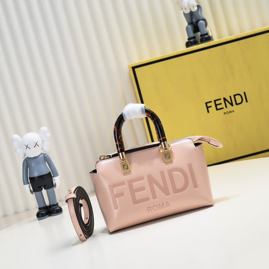 Fendi By The Way Mini Pink Leather Boston Bag with Embossed Logo and Tortoiseshell Handles
