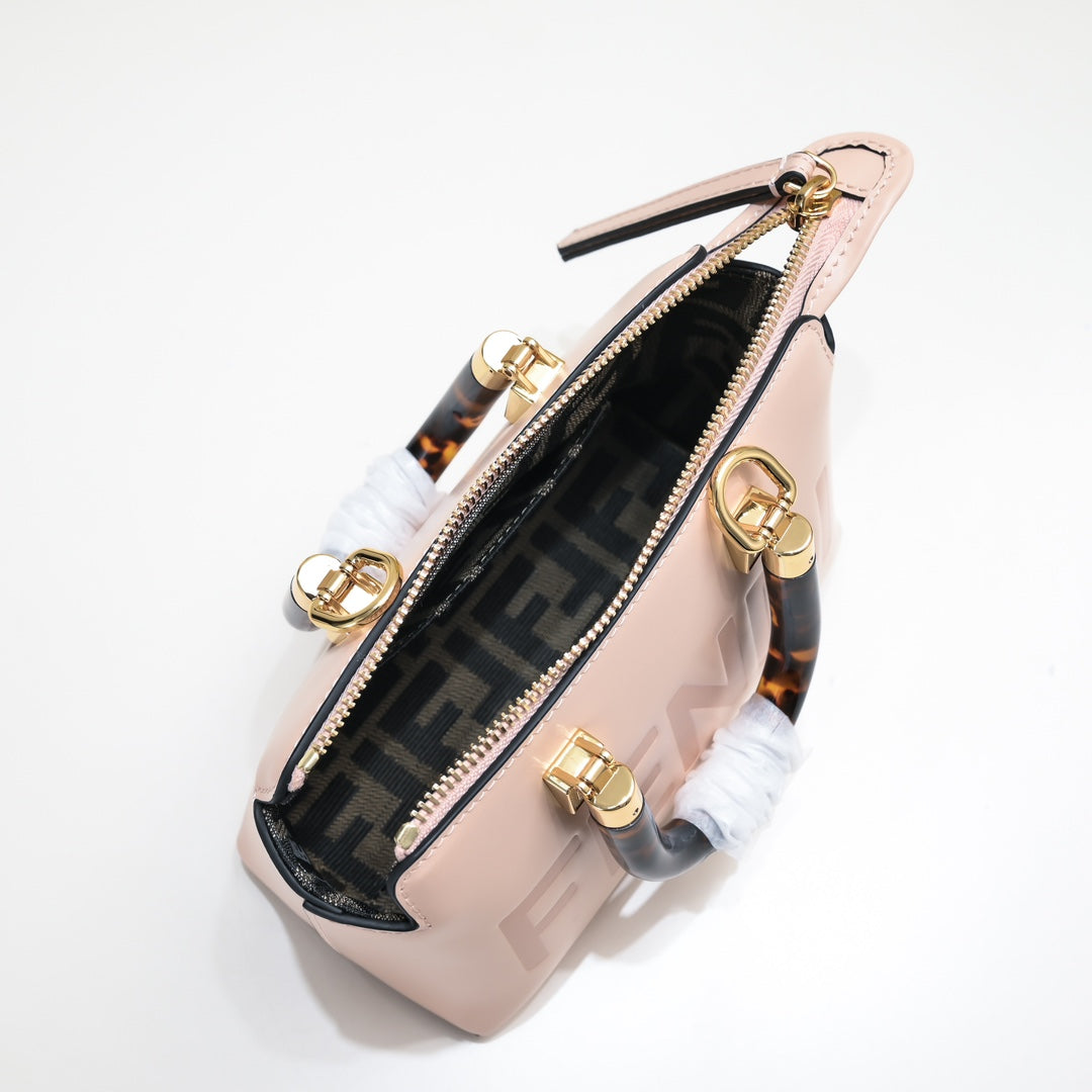 Fendi By The Way Mini Pink Leather Boston Bag with Embossed Logo and Tortoiseshell Handles