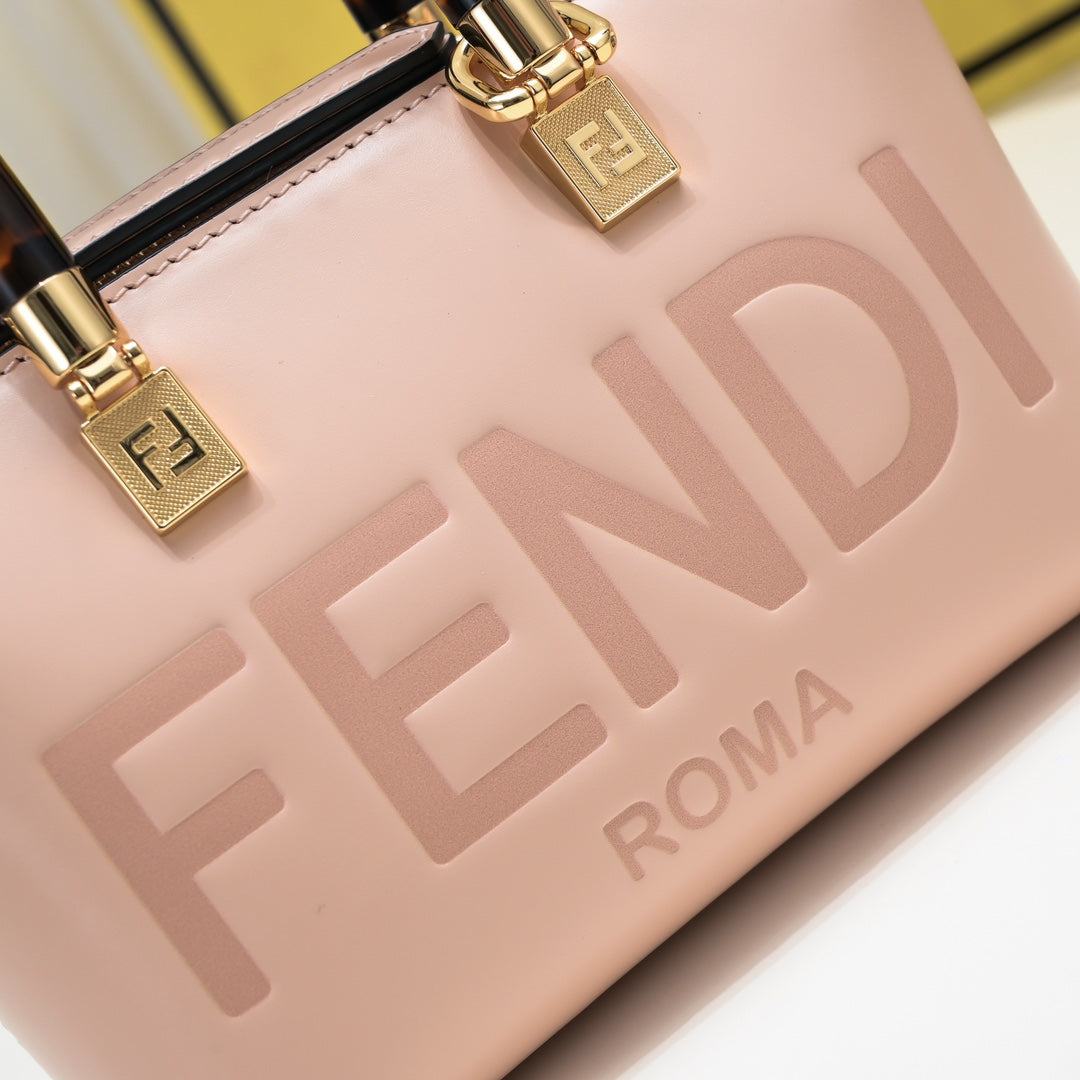 Fendi By The Way Mini Pink Leather Boston Bag with Embossed Logo and Tortoiseshell Handles