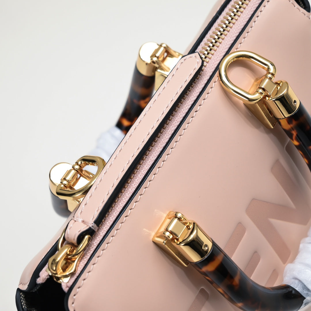 Fendi By The Way Mini Pink Leather Boston Bag with Embossed Logo and Tortoiseshell Handles