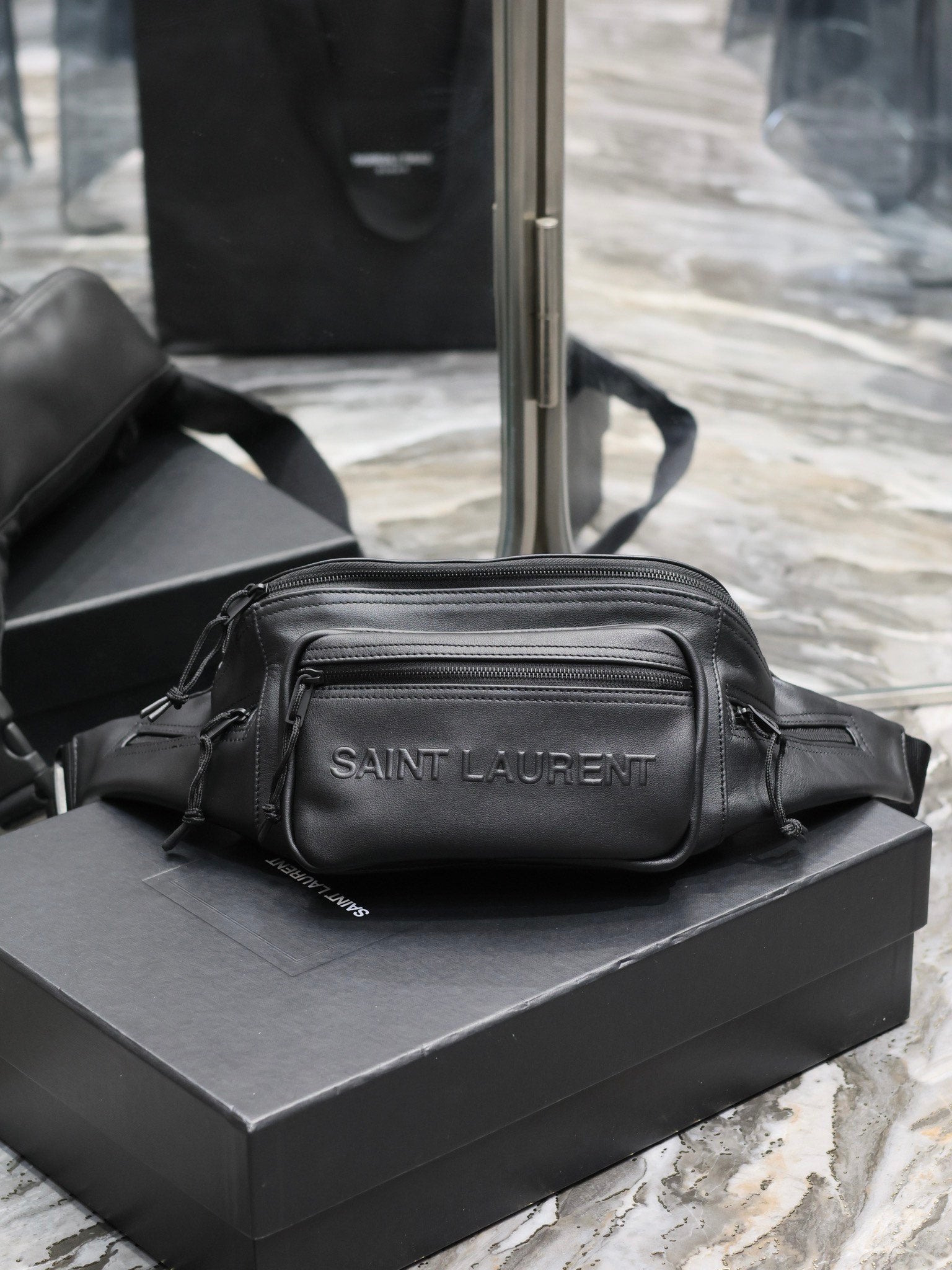 Saint Laurent Embossed Black Leather Belt Bag