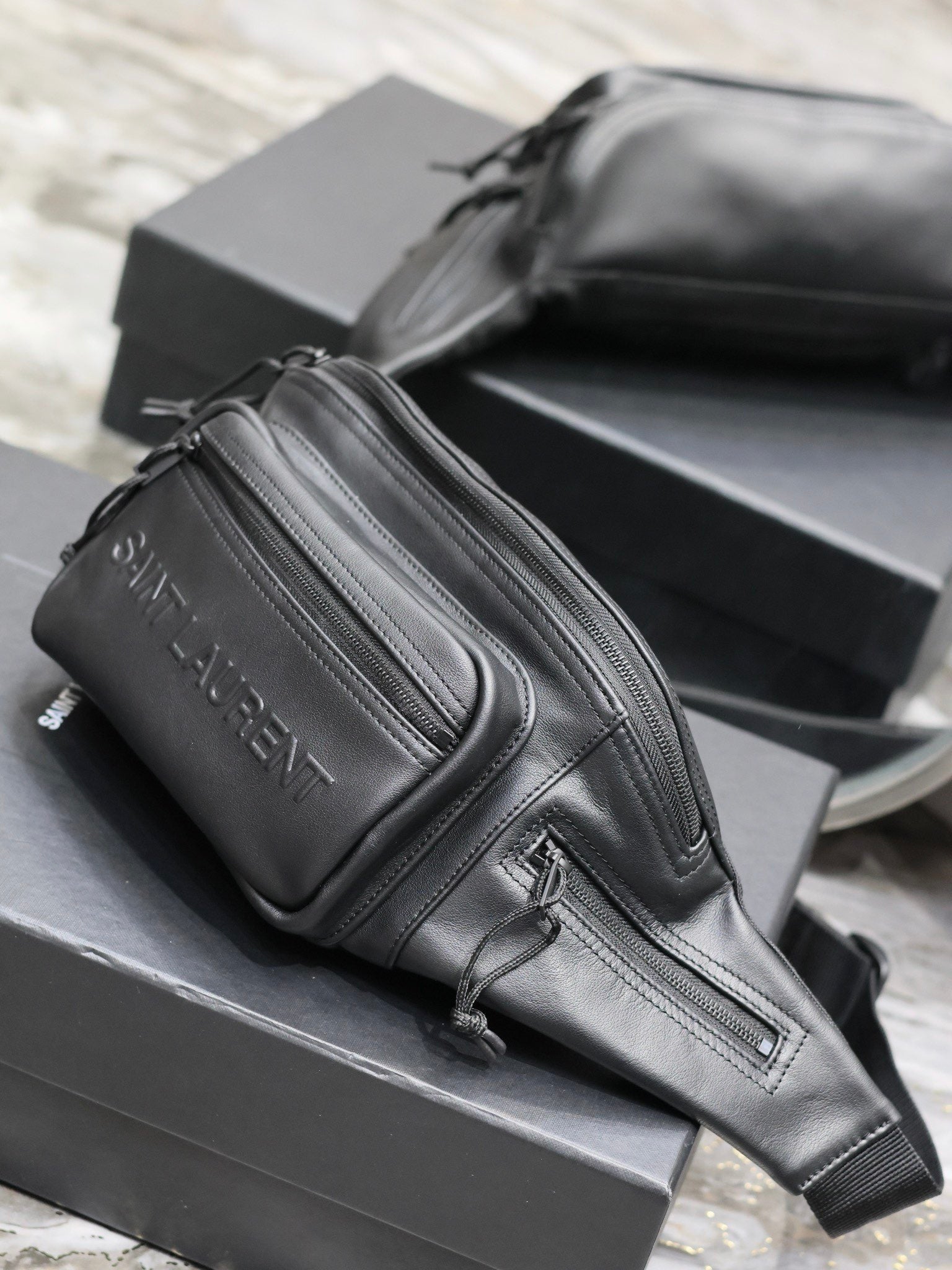 Saint Laurent Embossed Black Leather Belt Bag