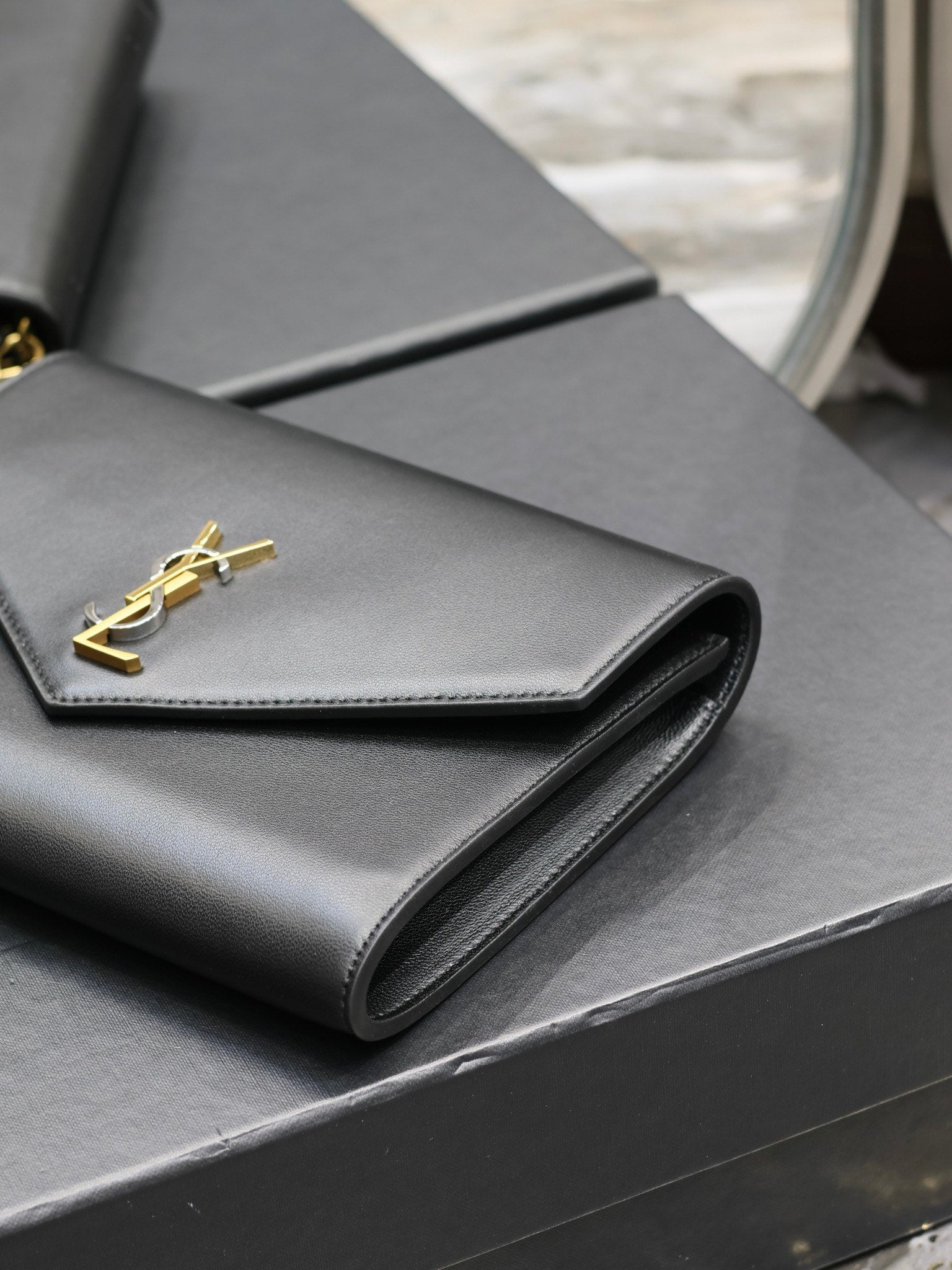 Saint Laurent YSL Black Leather Envelope Clutch Bag with Gold-Tone Logo