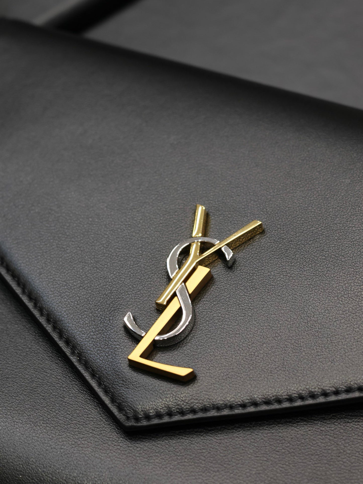 Saint Laurent YSL Black Leather Envelope Clutch Bag with Gold-Tone Logo