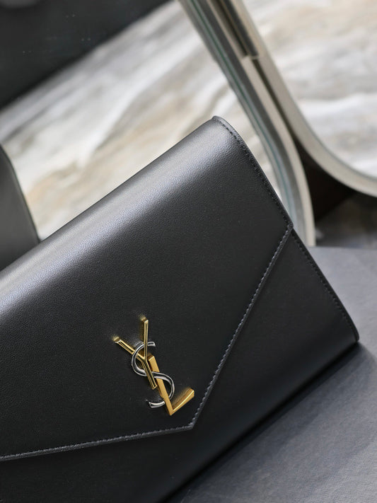 Saint Laurent YSL Black Leather Envelope Clutch Bag with Gold-Tone Logo