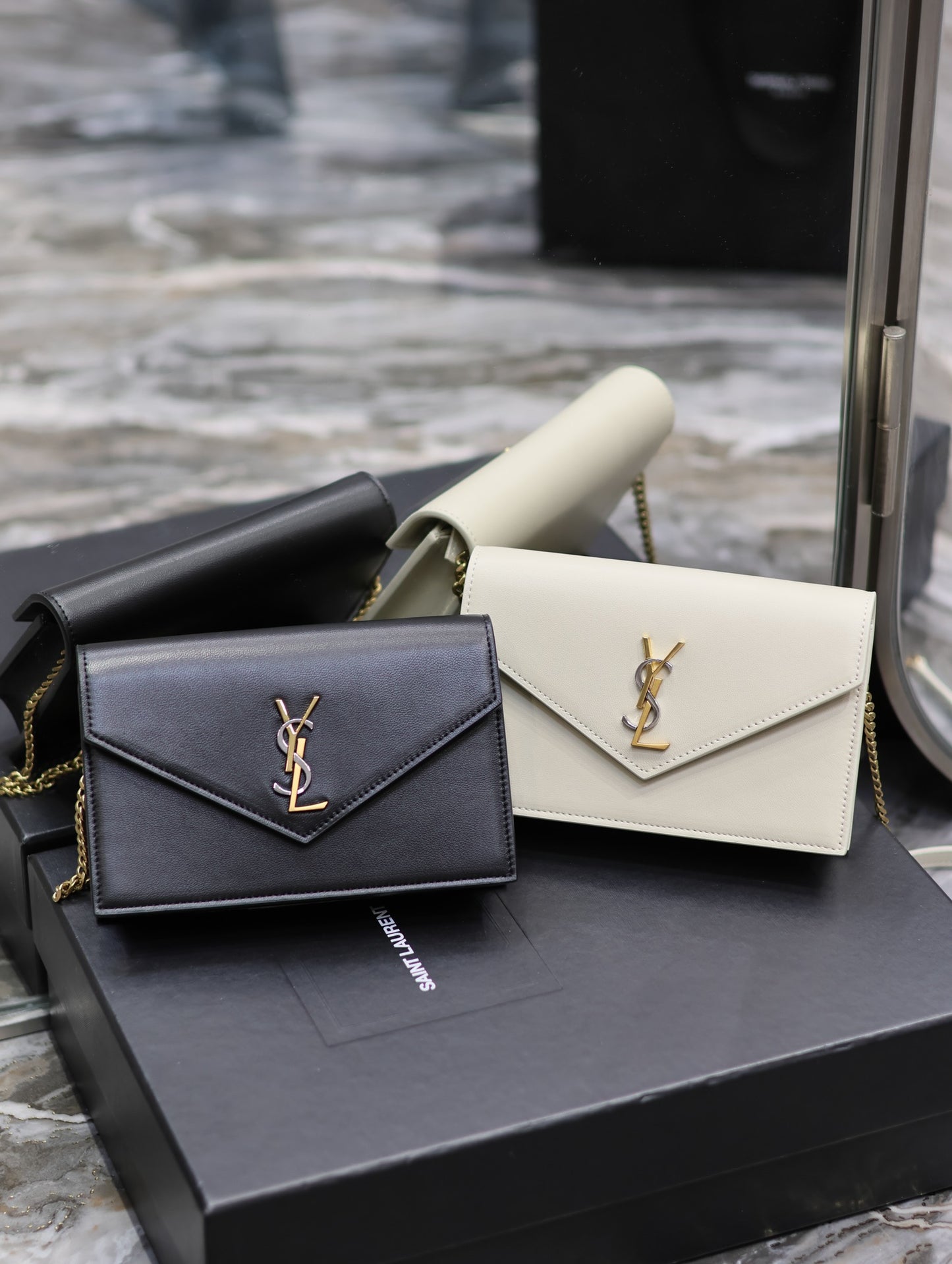 Saint Laurent Cassandre Envelope Chain Wallet in Grained Leather
