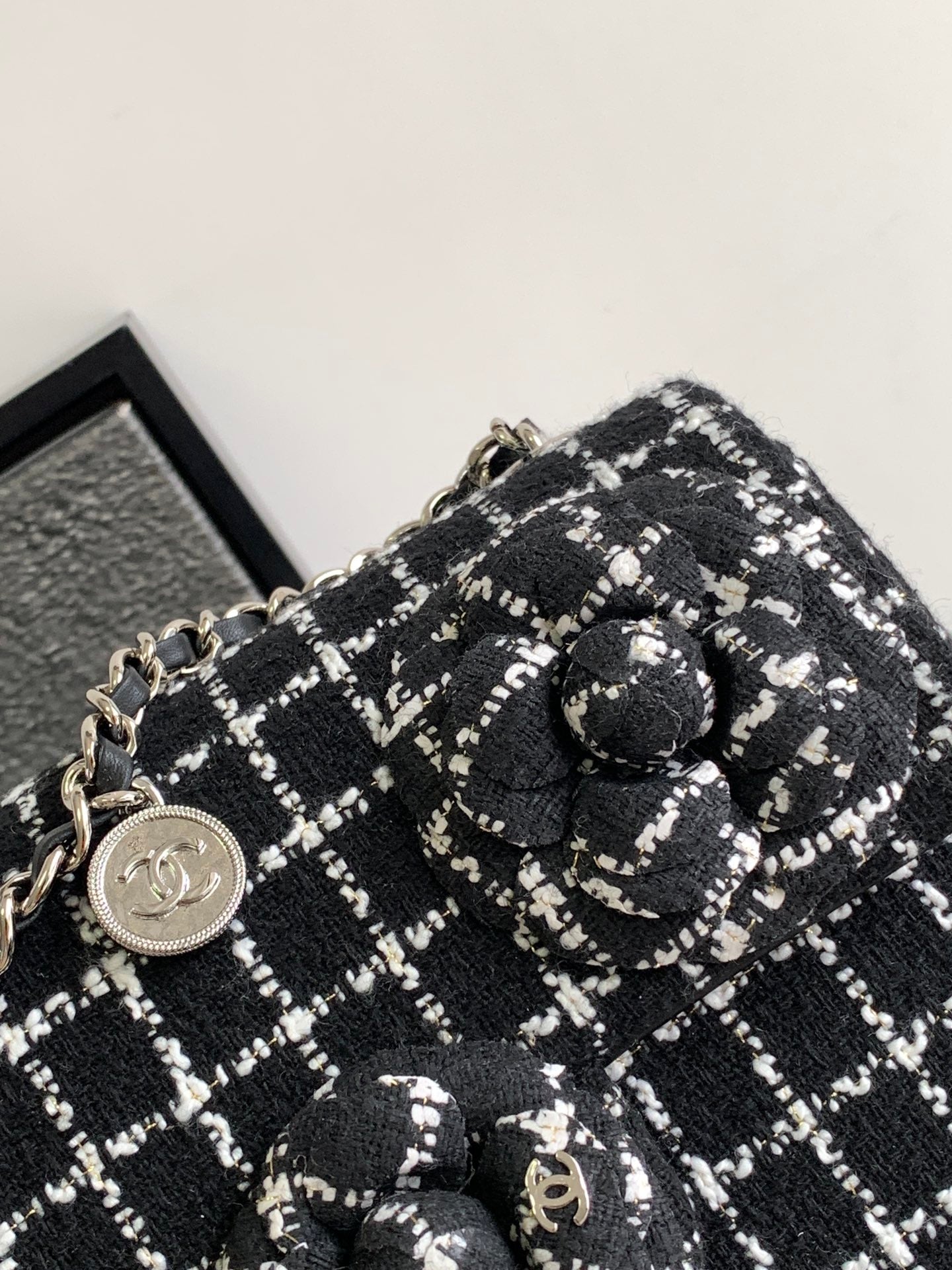 Elegant Black and White Tweed Checkered Shoulder Bag with Flower Embellishments