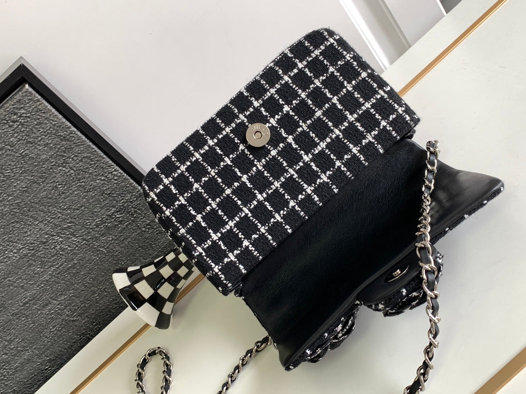 Elegant Black and White Tweed Checkered Shoulder Bag with Flower Embellishments