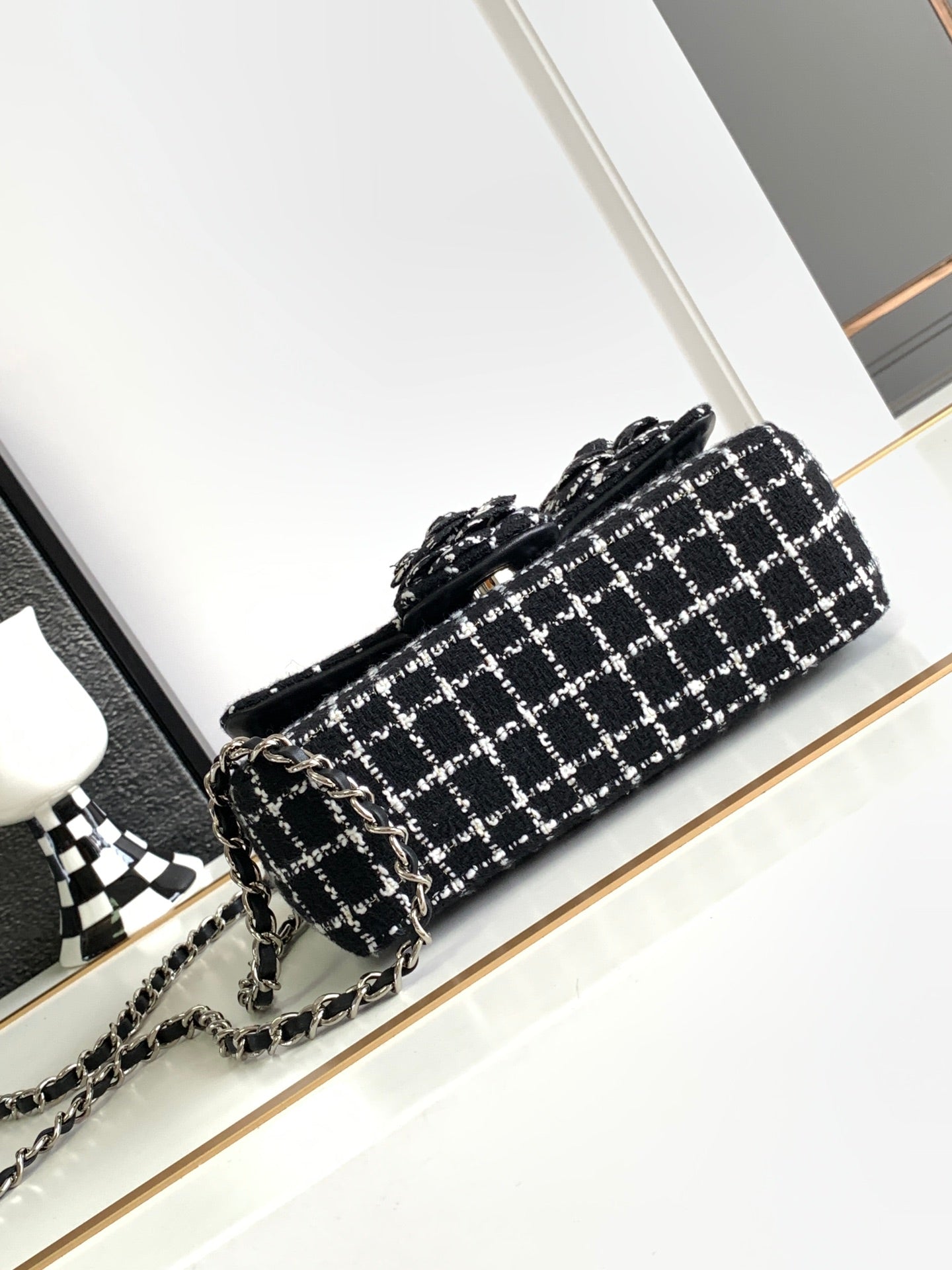 Elegant Black and White Tweed Checkered Shoulder Bag with Flower Embellishments