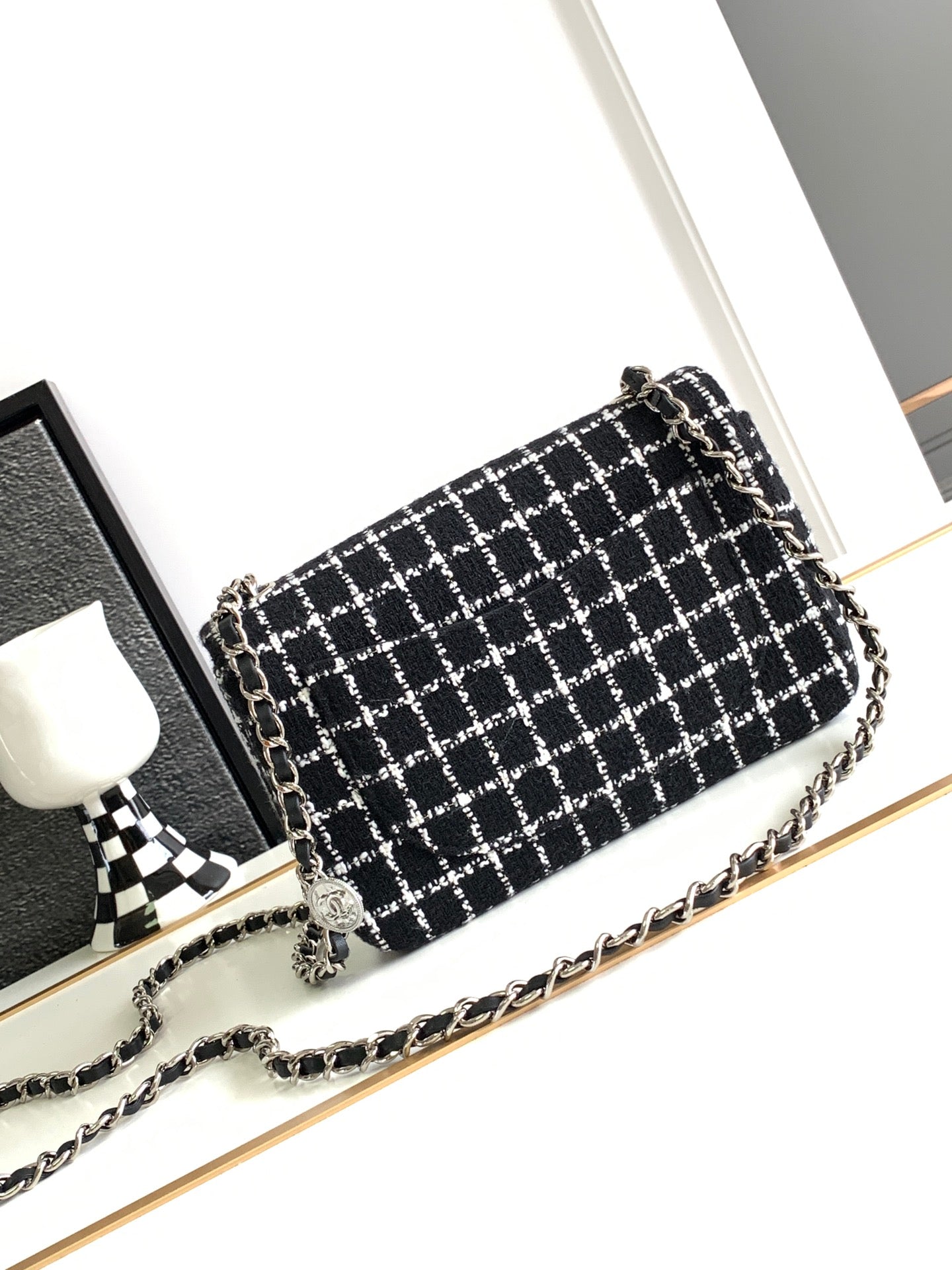 Elegant Black and White Tweed Checkered Shoulder Bag with Flower Embellishments