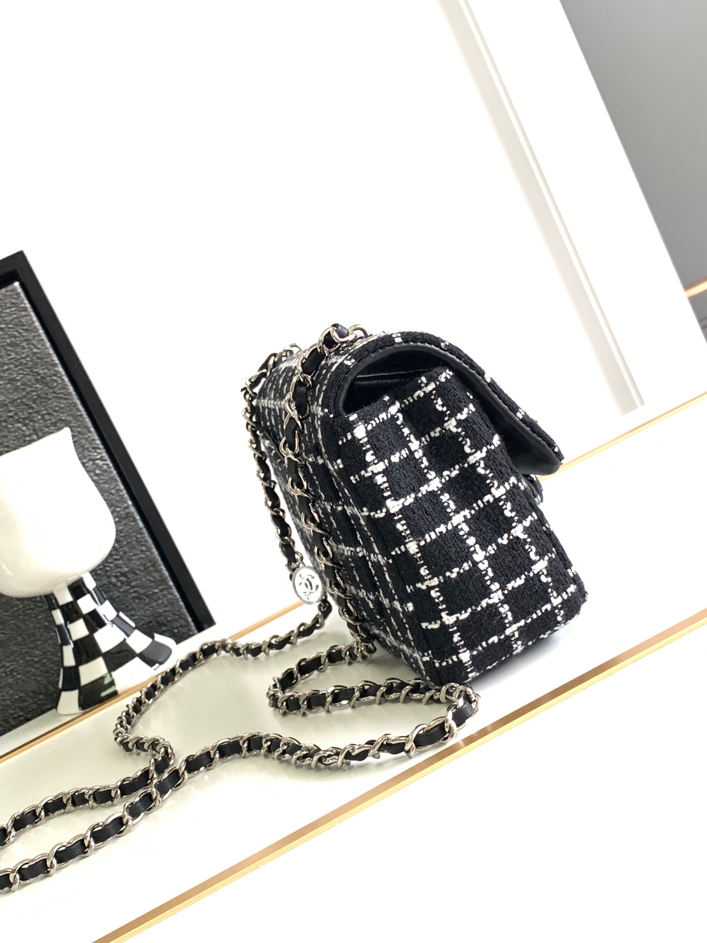 Elegant Black and White Tweed Checkered Shoulder Bag with Flower Embellishments