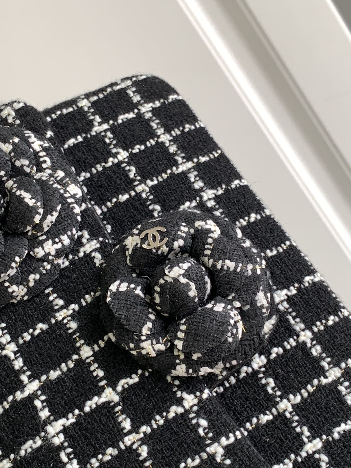 Elegant Black and White Tweed Checkered Shoulder Bag with Flower Embellishments