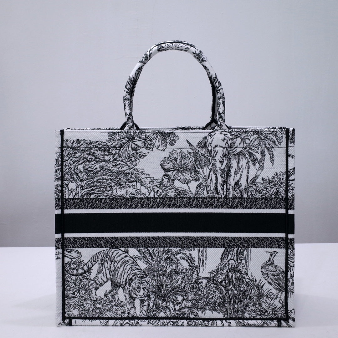 Christian Dior Large Book Tote Bag - Black and White Toile de Jouy Sauvage Embroidery
