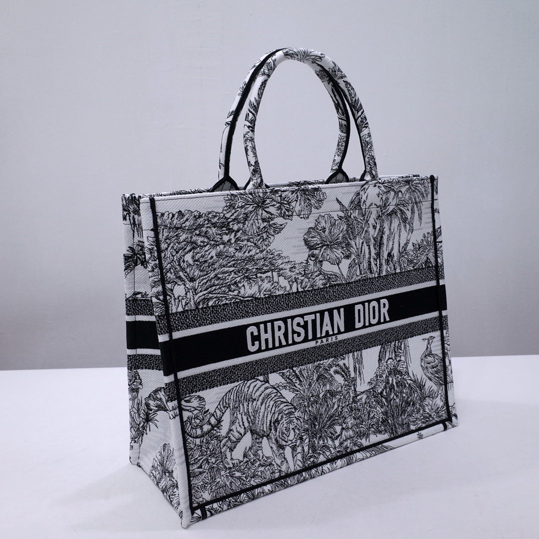 Christian Dior Large Book Tote Bag - Black and White Toile de Jouy Sauvage Embroidery