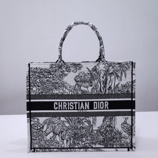 Christian Dior Large Book Tote Bag - Black and White Toile de Jouy Sauvage Embroidery
