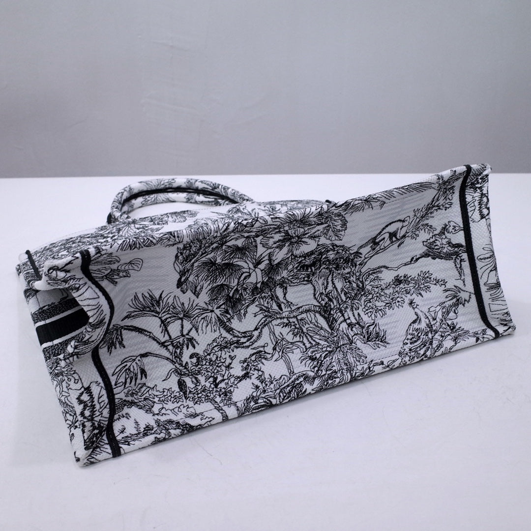 Christian Dior Large Book Tote Bag - Black and White Toile de Jouy Sauvage Embroidery