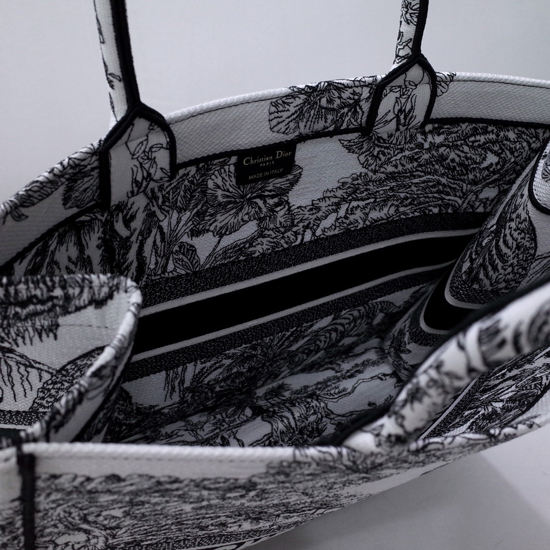 Christian Dior Large Book Tote Bag - Black and White Toile de Jouy Sauvage Embroidery