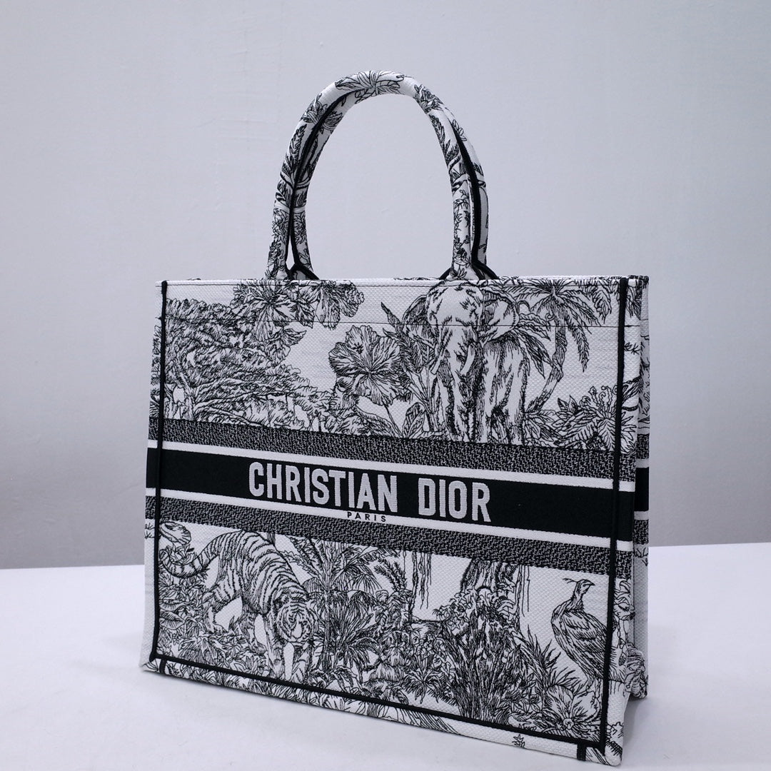 Christian Dior Large Book Tote Bag - Black and White Toile de Jouy Sauvage Embroidery
