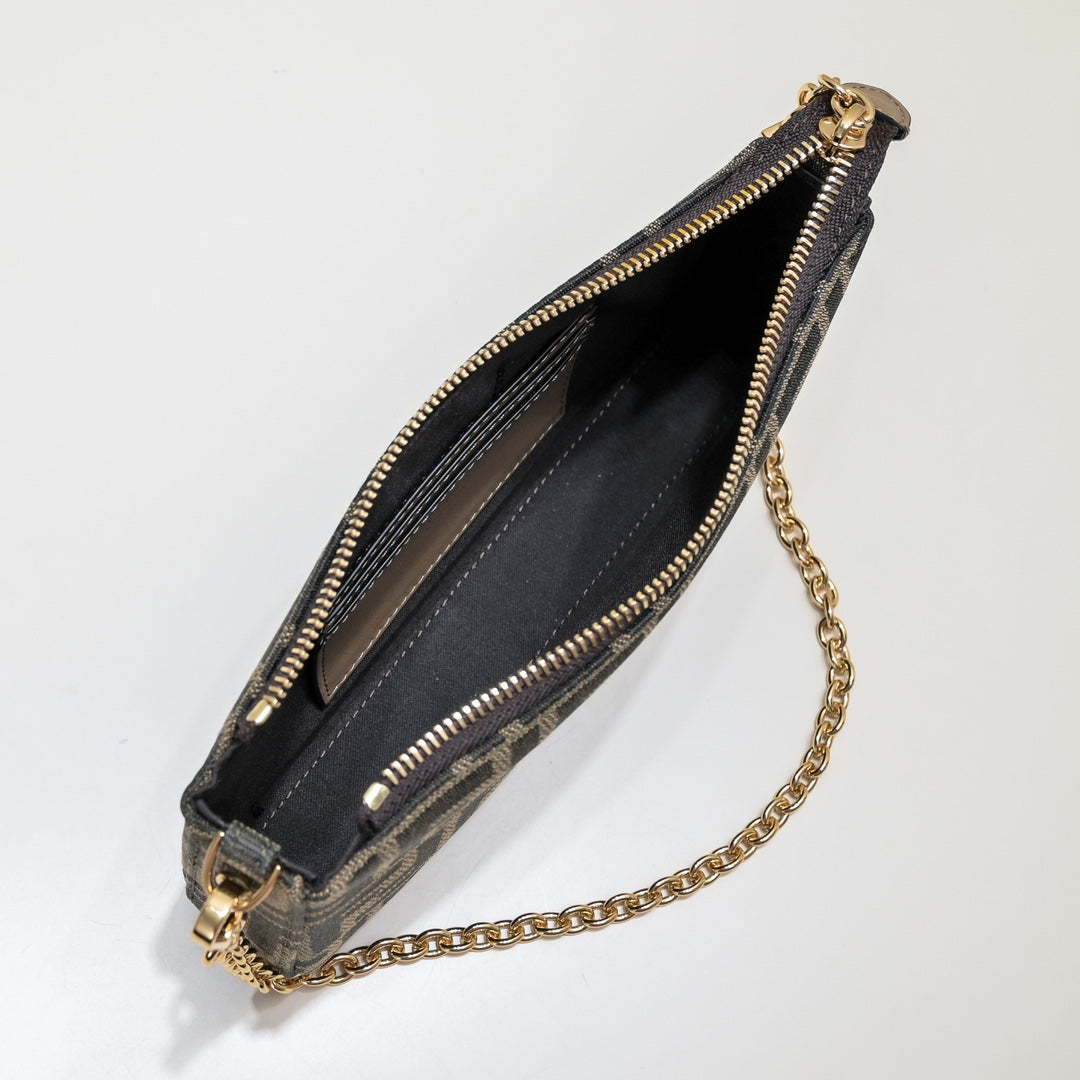 Fendi FF Monogram Canvas Small Pochette Bag with Gold-Tone Chain Strap - Tobacco/Brown