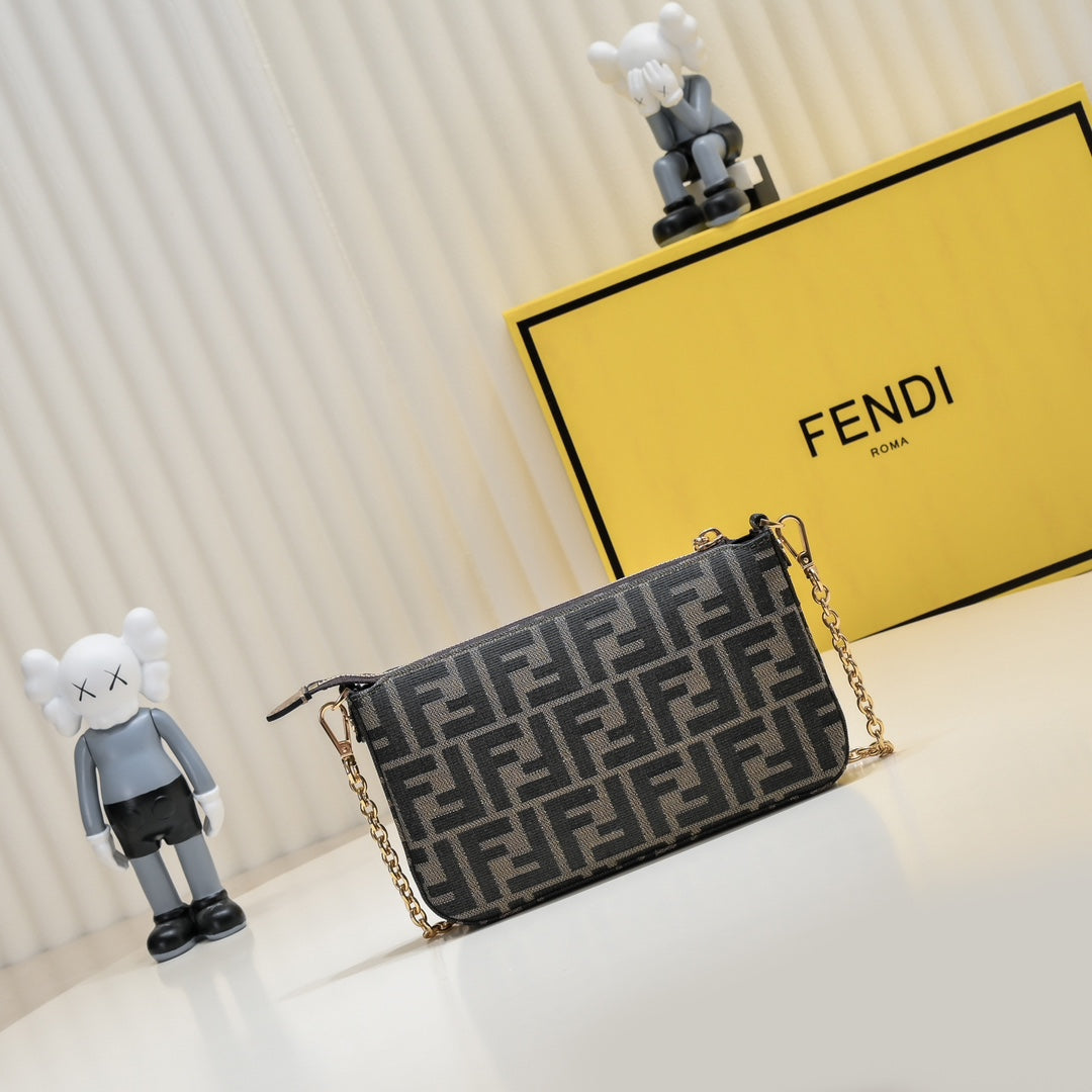 Fendi FF Monogram Canvas Small Pochette Bag with Gold-Tone Chain Strap - Tobacco/Brown