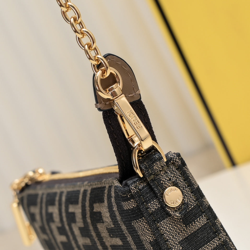Fendi FF Monogram Canvas Small Pochette Bag with Gold-Tone Chain Strap - Tobacco/Brown