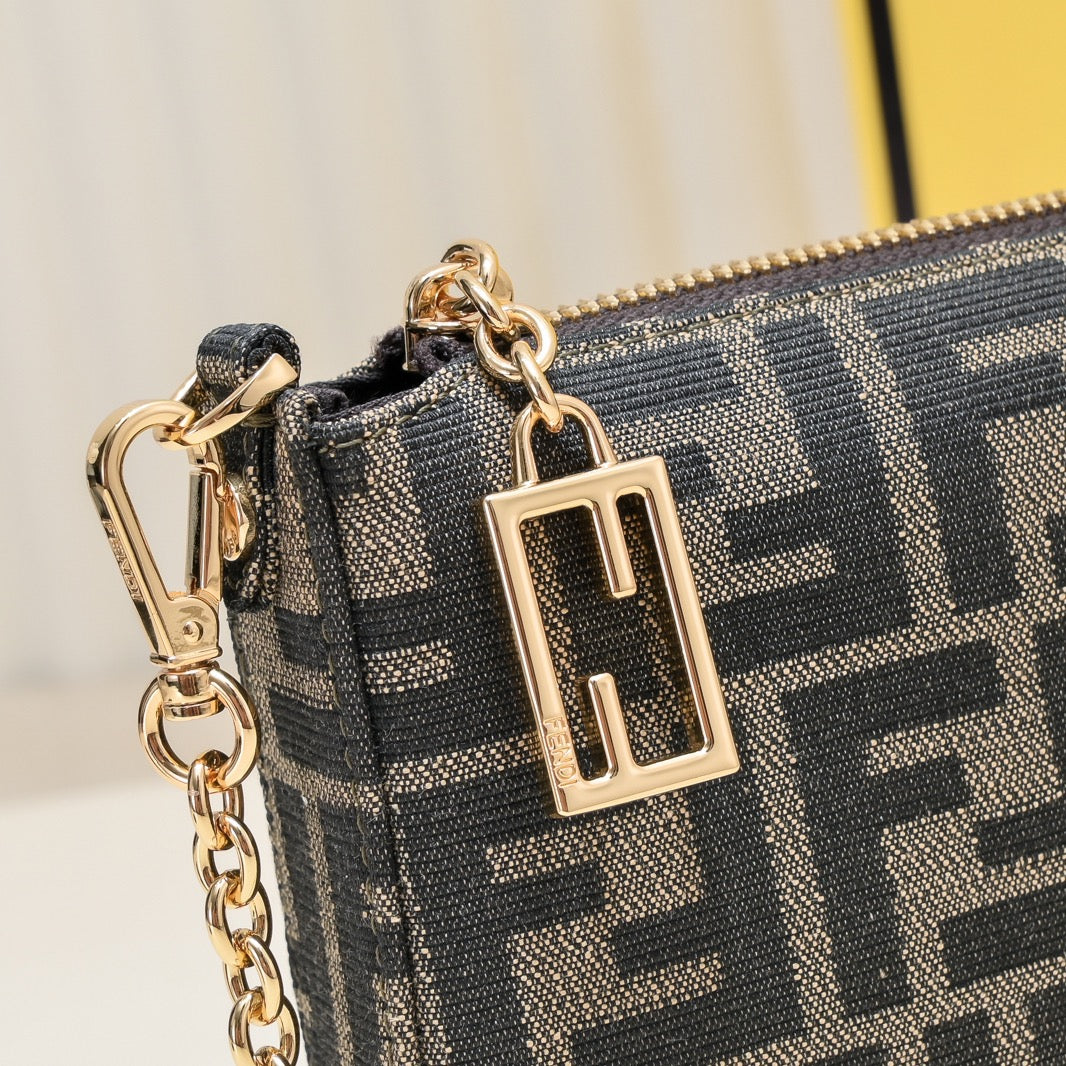 Fendi FF Monogram Canvas Small Pochette Bag with Gold-Tone Chain Strap - Tobacco/Brown