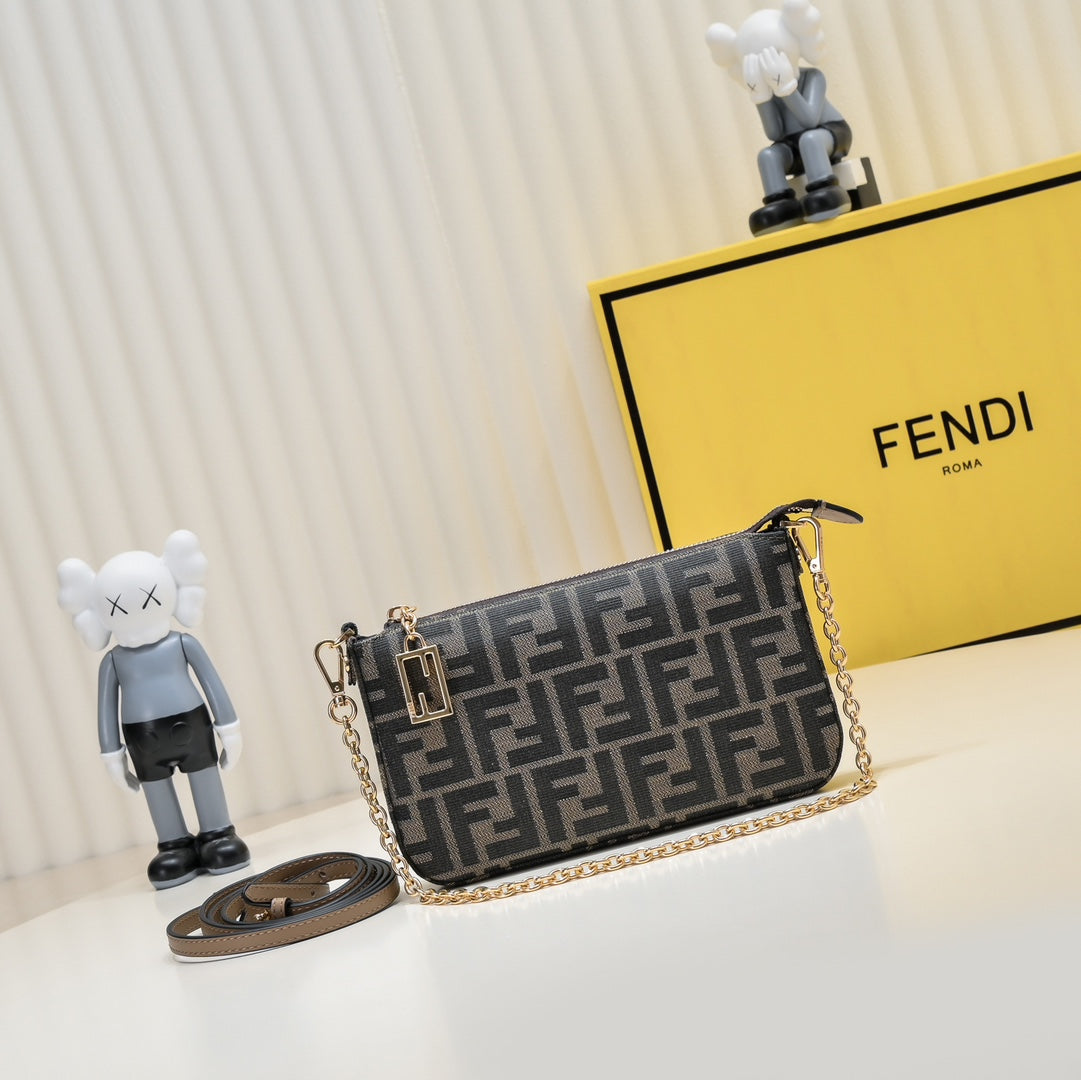 Fendi FF Monogram Canvas Small Pochette Bag with Gold-Tone Chain Strap - Tobacco/Brown