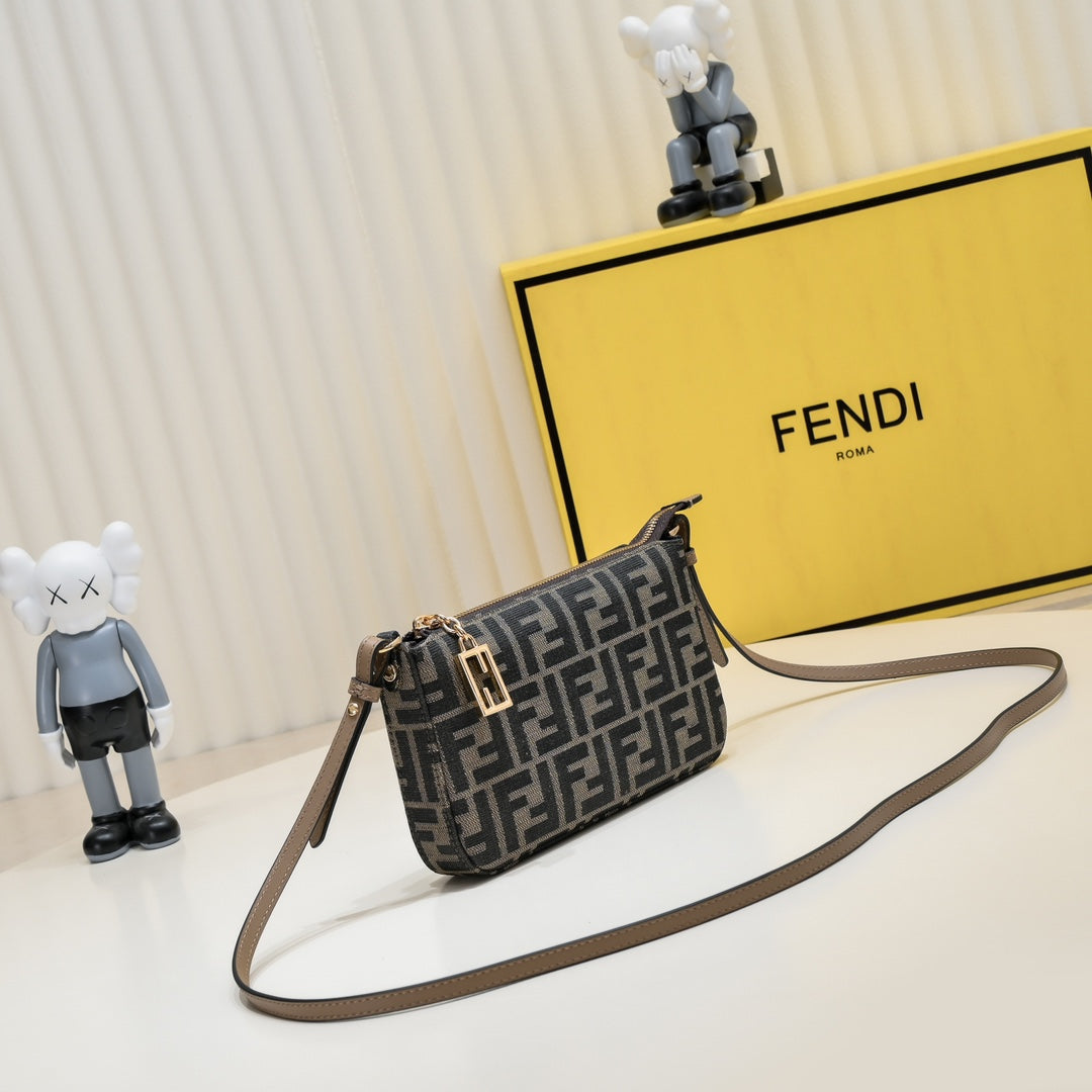 Fendi FF Monogram Canvas Small Pochette Bag with Gold-Tone Chain Strap - Tobacco/Brown
