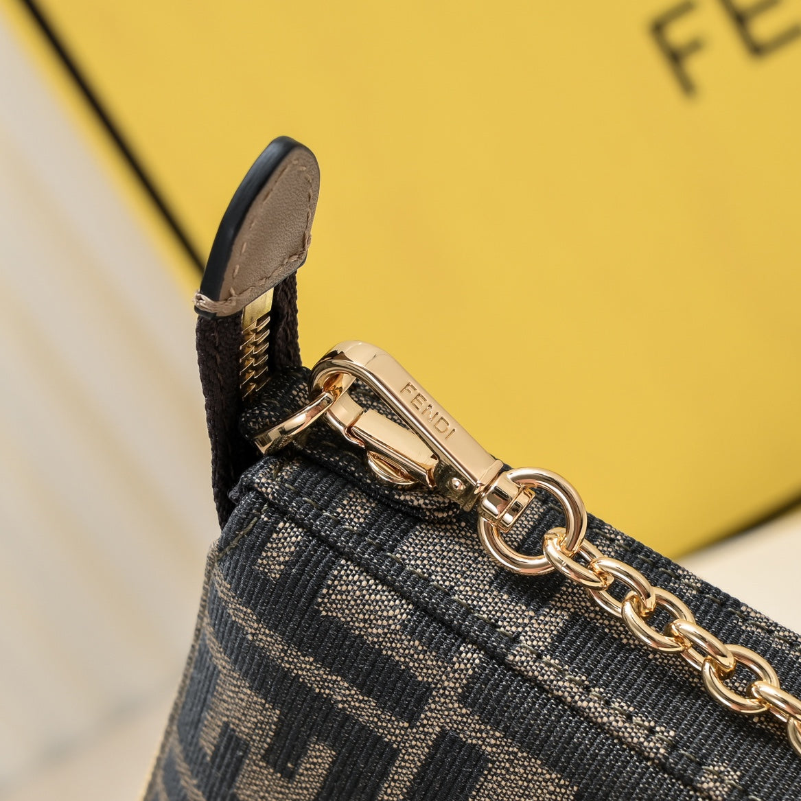Fendi FF Monogram Canvas Small Pochette Bag with Gold-Tone Chain Strap - Tobacco/Brown