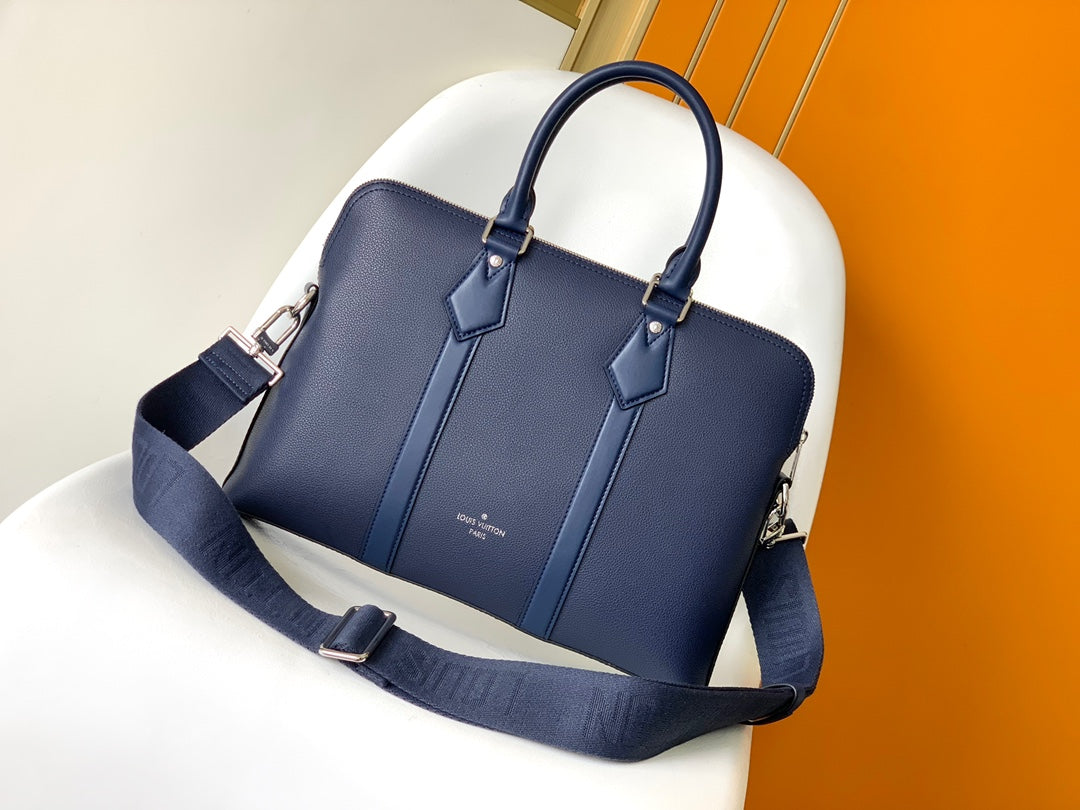Louis Vuitton Navy Blue Leather Slim Briefcase Laptop Bag