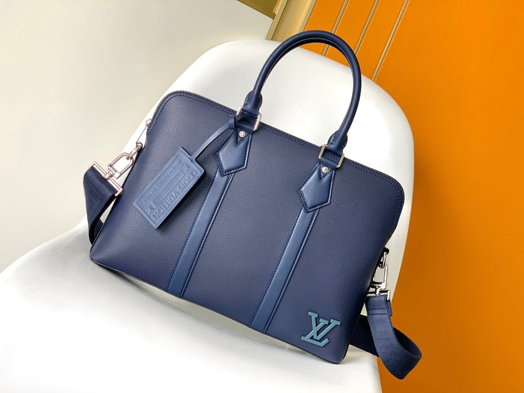 Louis Vuitton Navy Blue Leather Slim Briefcase Laptop Bag