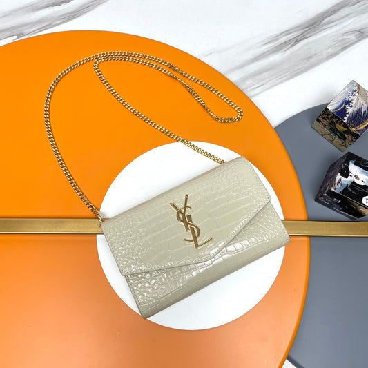 Saint Laurent Cassandre Chain Wallet in Crocodile-Embossed Leather - Cream