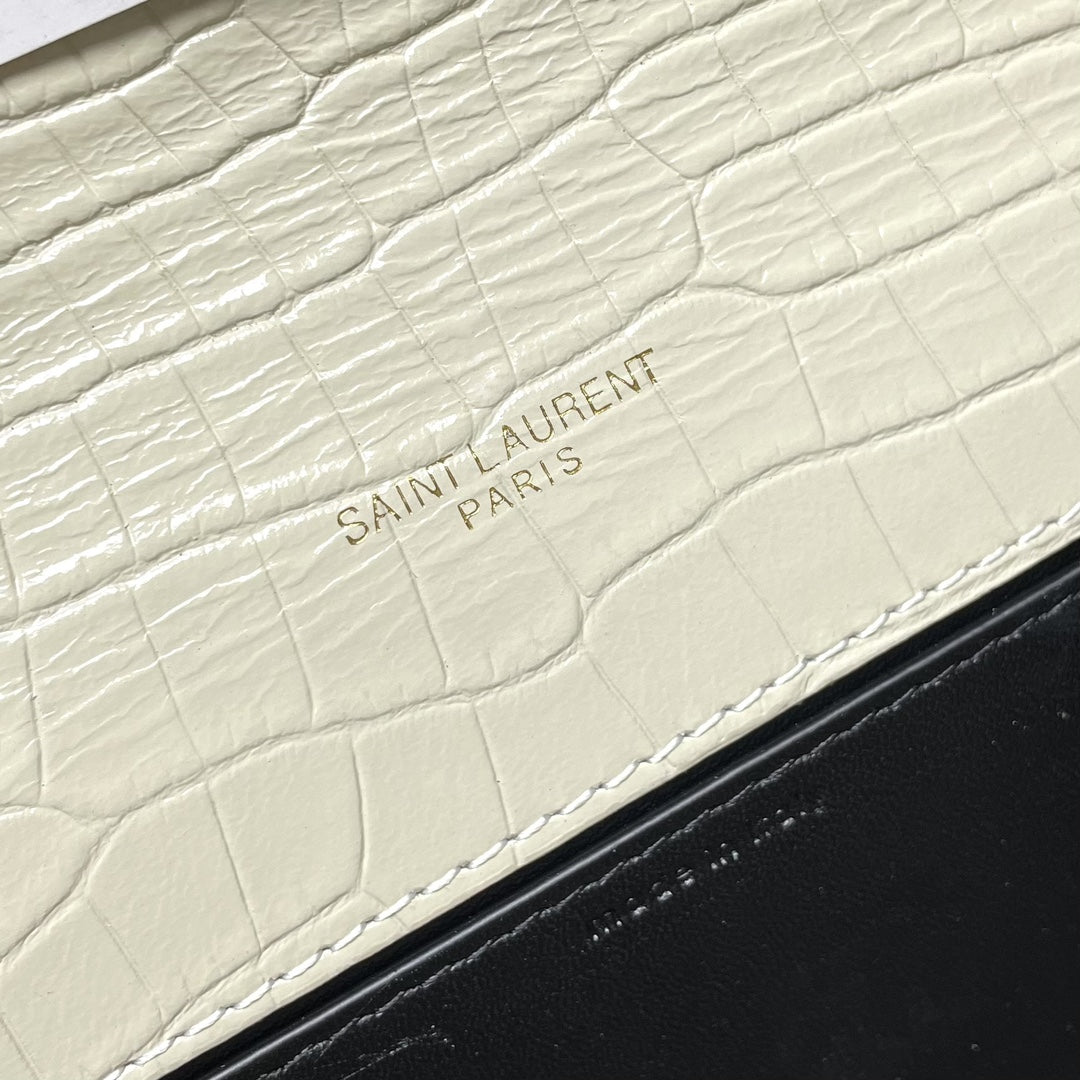 Saint Laurent Cassandre Chain Wallet in Crocodile-Embossed Leather - Cream