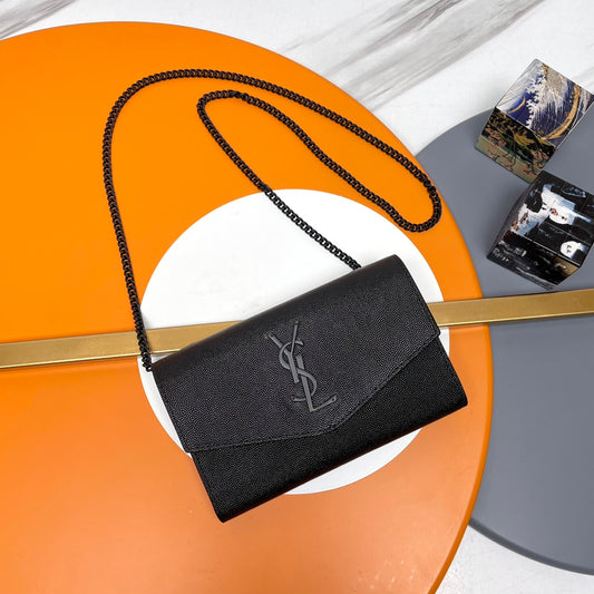 Saint Laurent Black Leather Envelope Chain Wallet with Silver YSL Logo