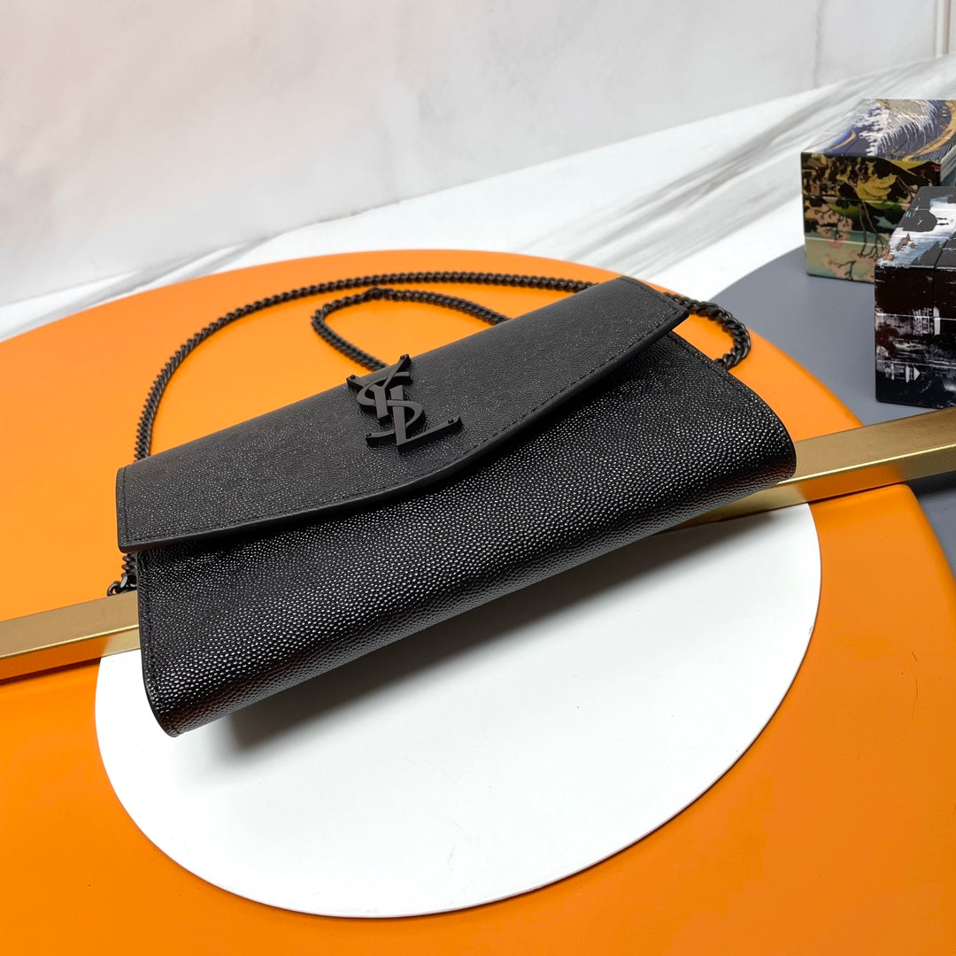 Saint Laurent Black Leather Envelope Chain Wallet with Silver YSL Logo