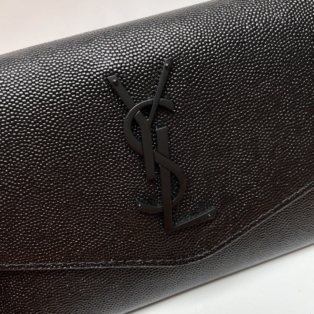 Saint Laurent Black Leather Envelope Chain Wallet with Silver YSL Logo