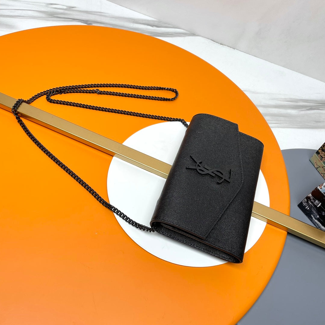 Saint Laurent Black Leather Envelope Chain Wallet with Silver YSL Logo