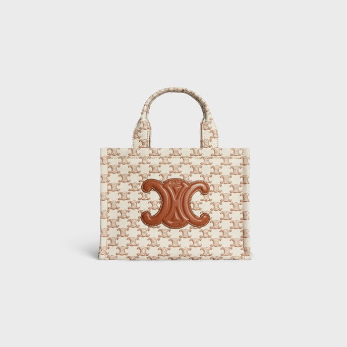 Celine Small Cabas in Triomphe Canvas with Triomphe Patch - Tan/White