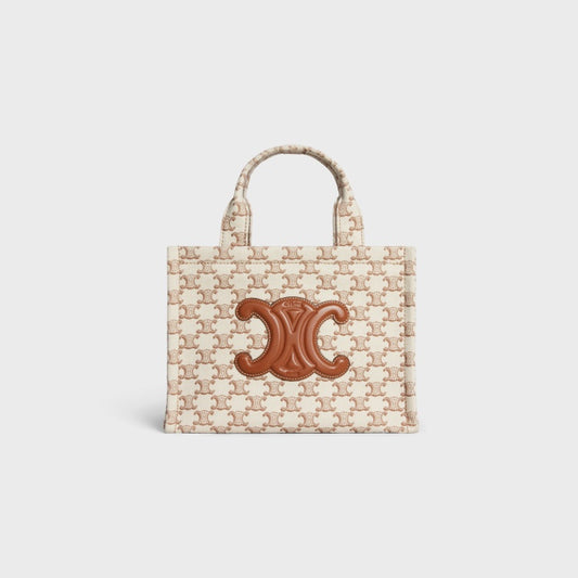 Celine Small Cabas in Triomphe Canvas with Triomphe Patch - Tan/White