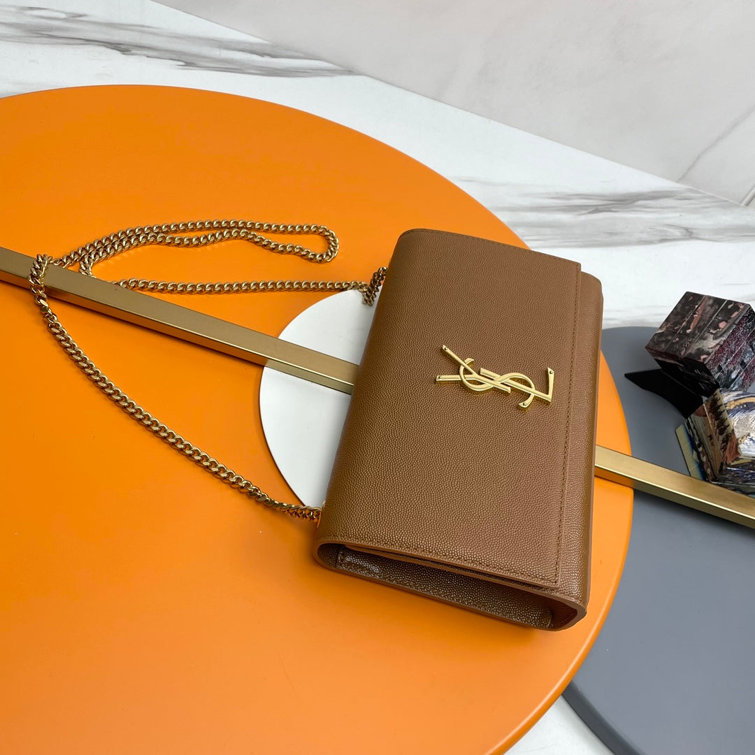 Saint Laurent Kate Small Chain Wallet in Grain de Poudre Embossed Leather - Dark Brown