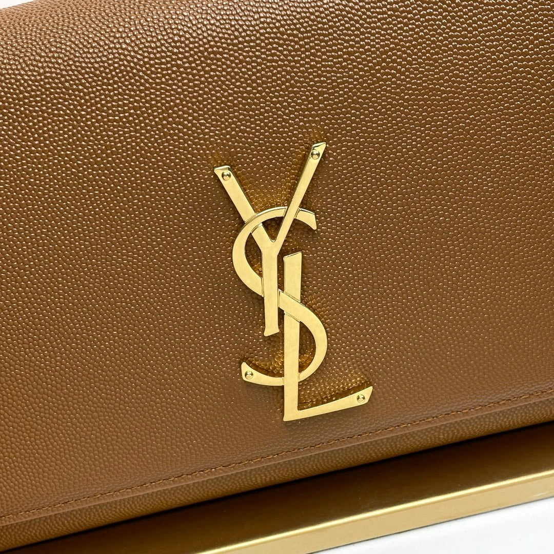 Saint Laurent Kate Small Chain Wallet in Grain de Poudre Embossed Leather - Dark Brown