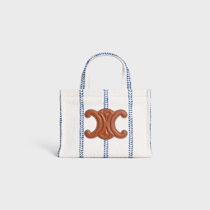 Celine Small Cabas Thais in Striped Textile and Calfskin - White/Blue