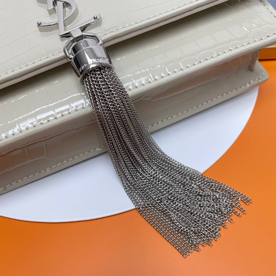 Saint Laurent Kate Small Crocodile-Embossed Leather Chain Bag - Cream