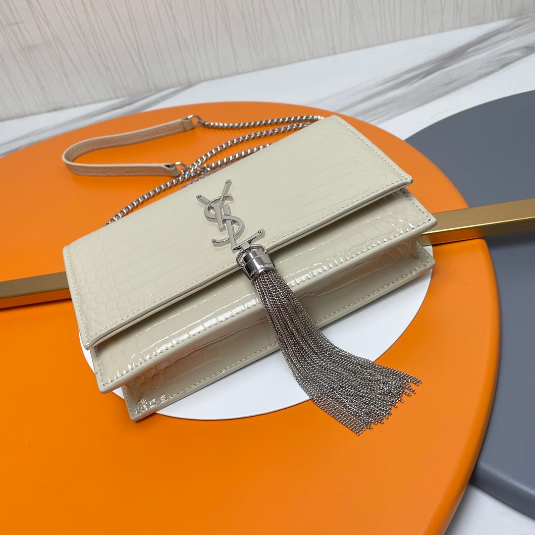 Saint Laurent Kate Small Crocodile-Embossed Leather Chain Bag - Cream