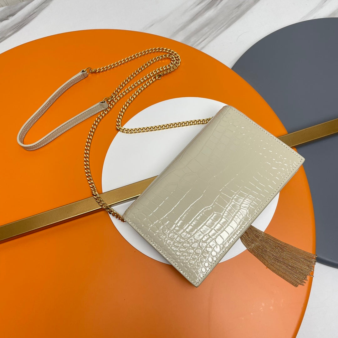 Saint Laurent Small Kate Tassel Shoulder Bag in Croc-Embossed Leather - Off-White