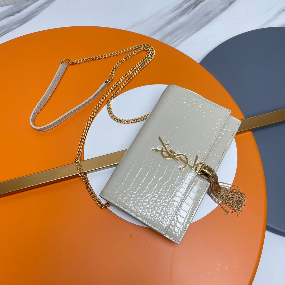 Saint Laurent Small Kate Tassel Shoulder Bag in Croc-Embossed Leather - Off-White