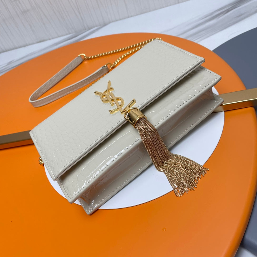 Saint Laurent Small Kate Tassel Shoulder Bag in Croc-Embossed Leather - Off-White