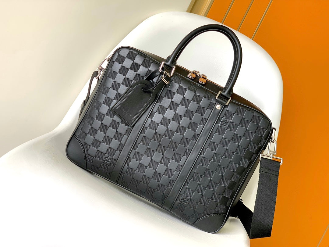 Men's Luxury Black Leather Briefcase - Professional Business Bag with Checkered Pattern